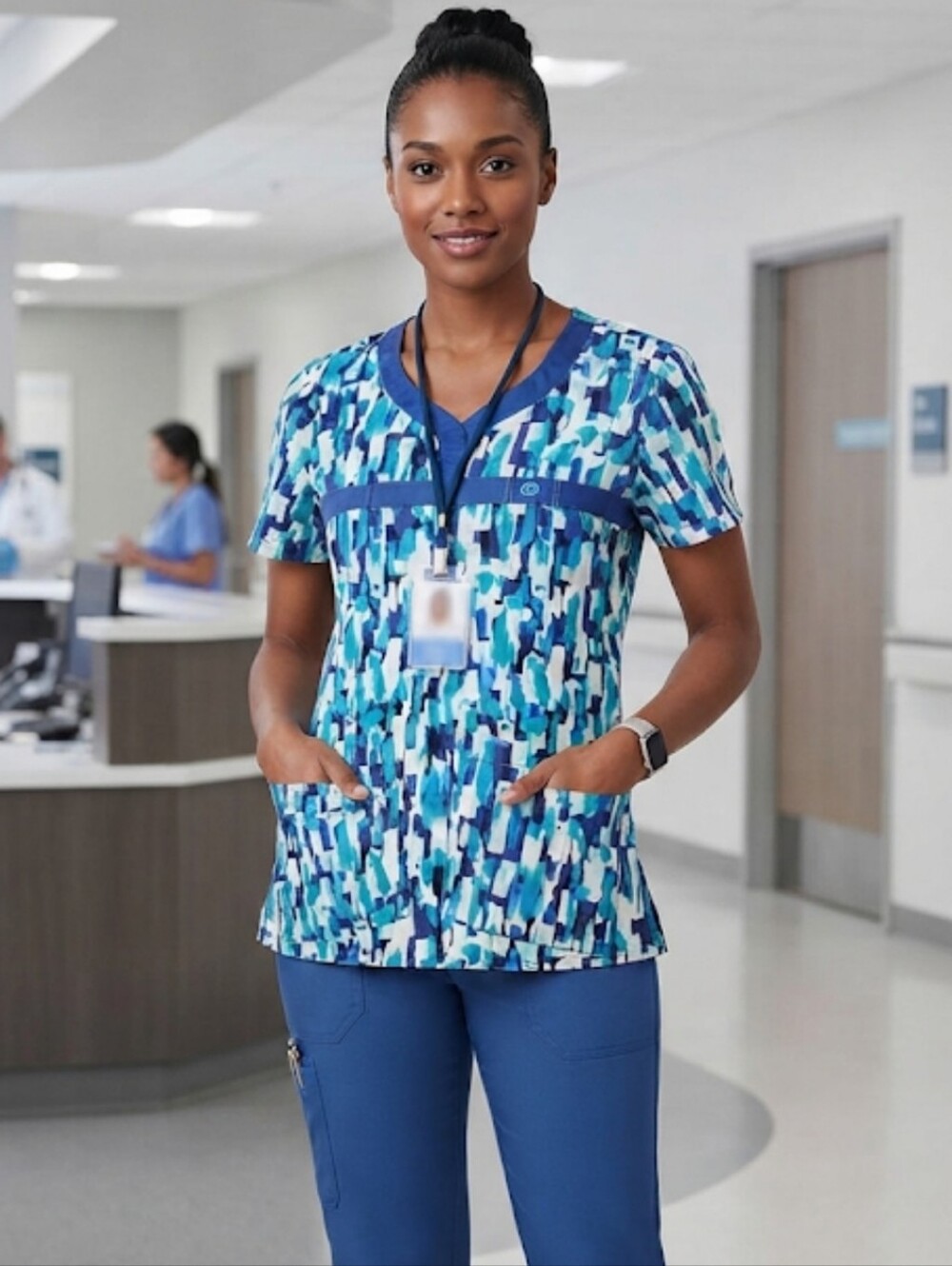 WonderFlex by WonderWink XS Printed V-Neck Scrub Top Blue Abstract Like New
